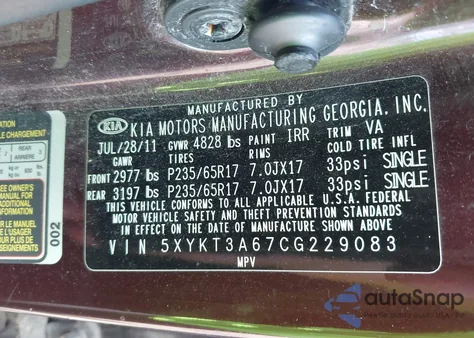 2012 Kia Sorento Lx from USA, damaged, VIN 5XYKT3A67CG229083